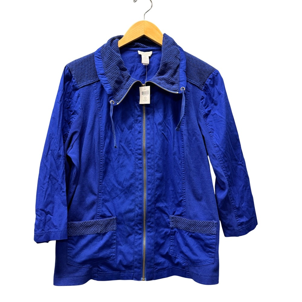 Chico's Jacket‎ Womens Large Avery 3/4 Sleeve Stratus Blue Mesh Trim Coastal NEW